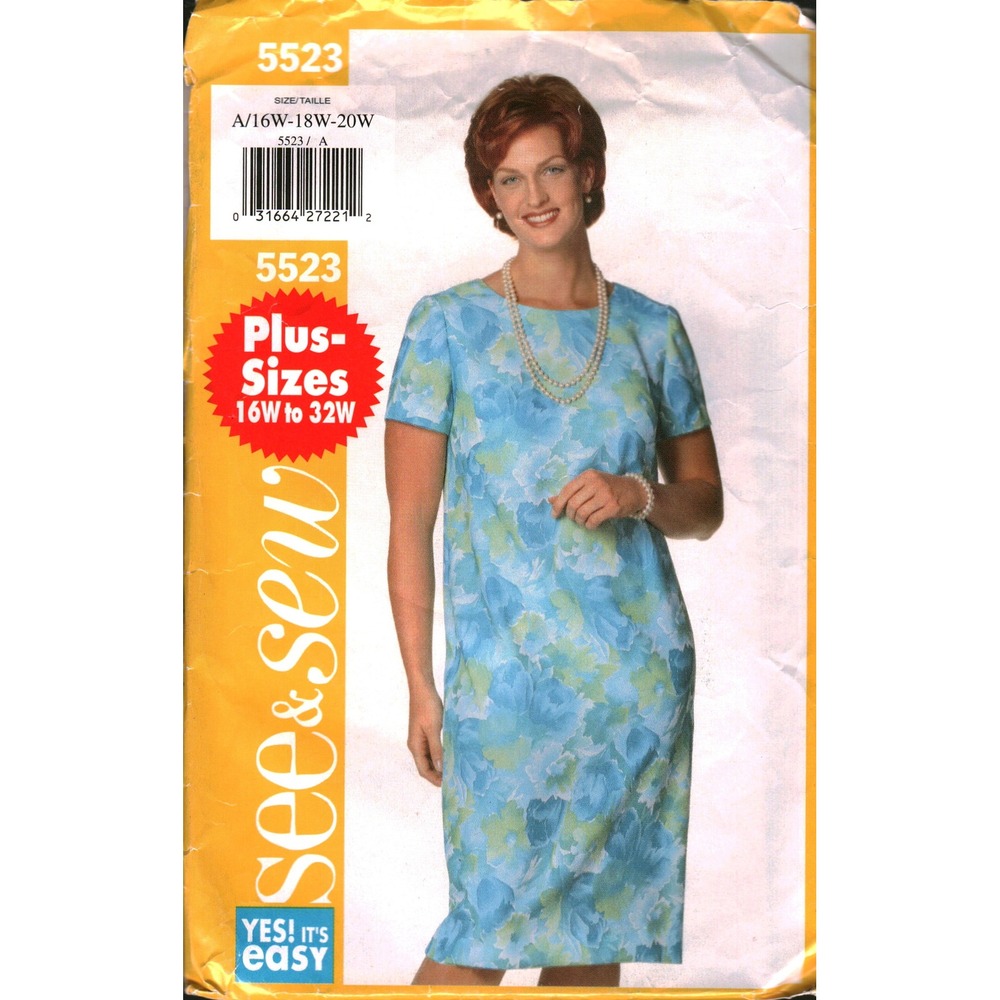 Butterick 5523 See Sew Dress Pattern Plus Size 16W-20W Easy Shift Straight Dress